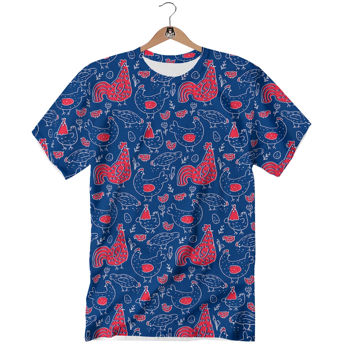 Red Rooster Blue Print Pattern T-Shirt-grizzshop