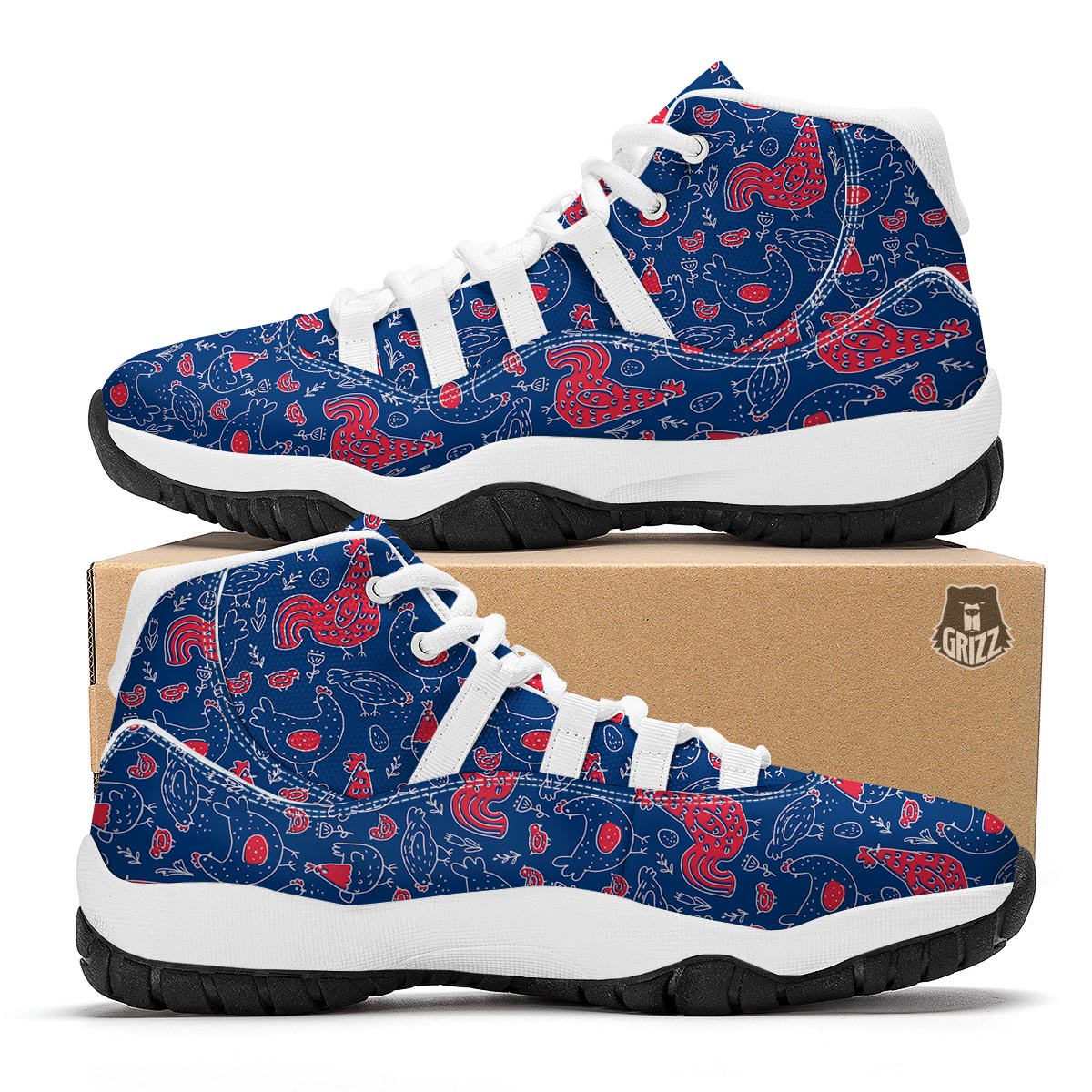 Red Rooster Blue Print Pattern White Bball Shoes-grizzshop