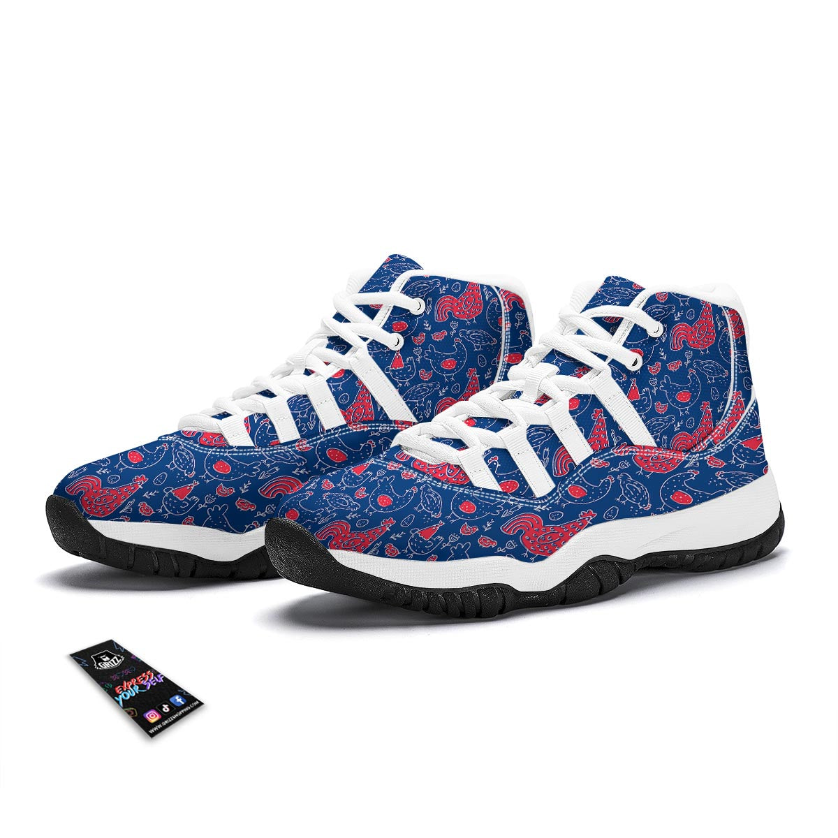 Red Rooster Blue Print Pattern White Bball Shoes-grizzshop