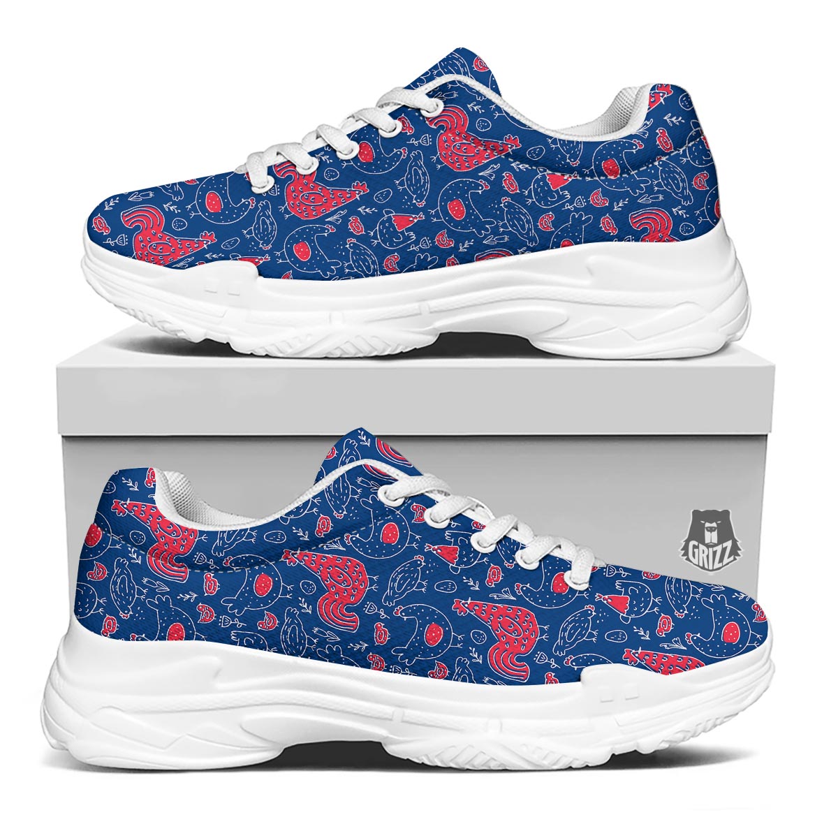 Red Rooster Blue Print Pattern White Chunky Shoes-grizzshop