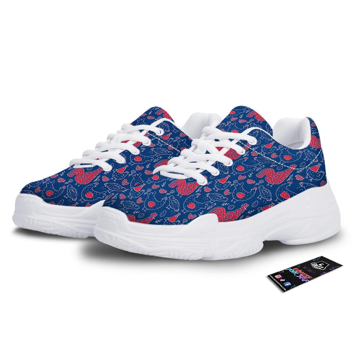 Red Rooster Blue Print Pattern White Chunky Shoes-grizzshop