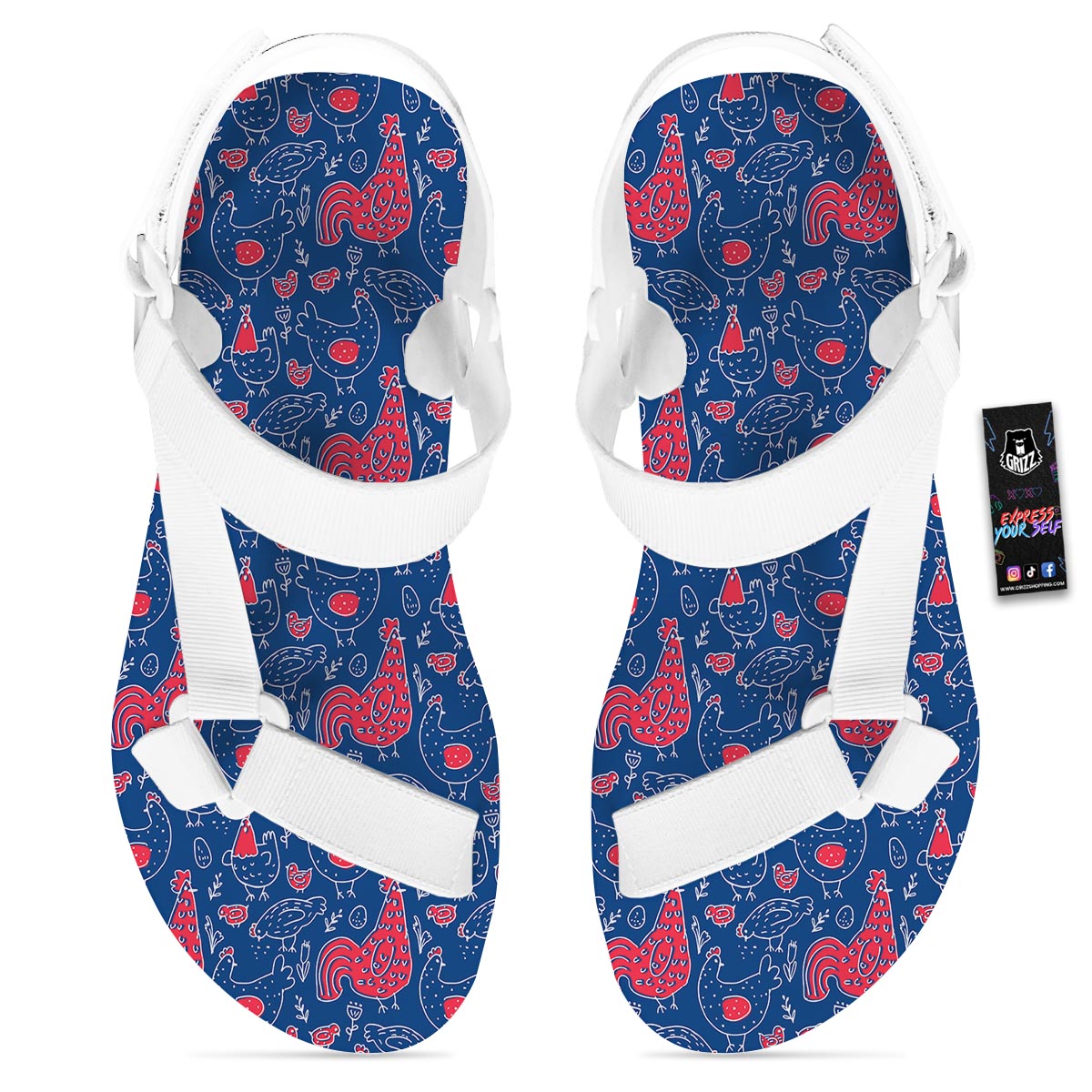 Red Rooster Blue Print Pattern White Open Toe Sandals-grizzshop