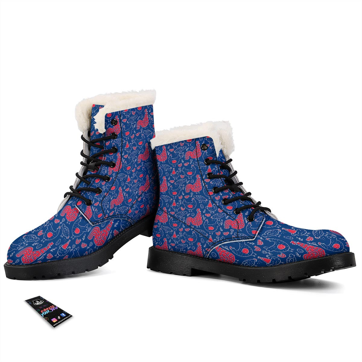 Red Rooster Blue Print Pattern Winter Boots-grizzshop