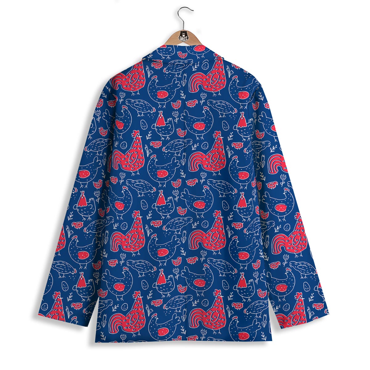 Red Rooster Blue Print Pattern Women's Blazer-grizzshop