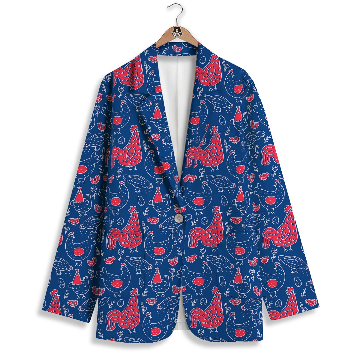 Red Rooster Blue Print Pattern Women's Blazer-grizzshop