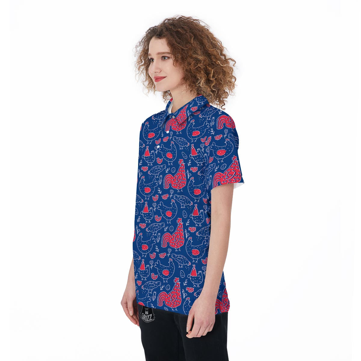 Red Rooster Blue Print Pattern Women's Golf Shirts-grizzshop