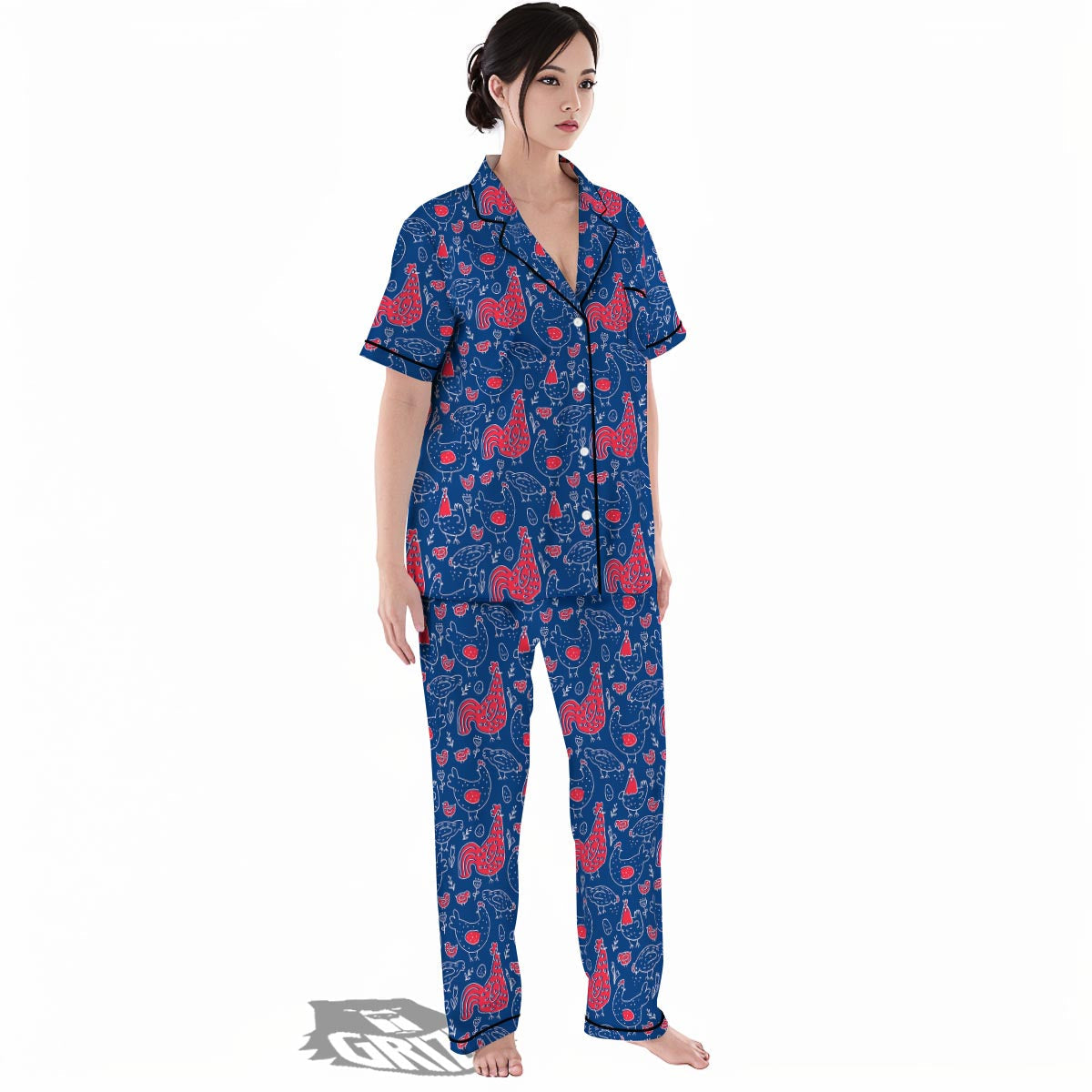 Red Rooster Blue Print Pattern Women's Pajamas Set-grizzshop