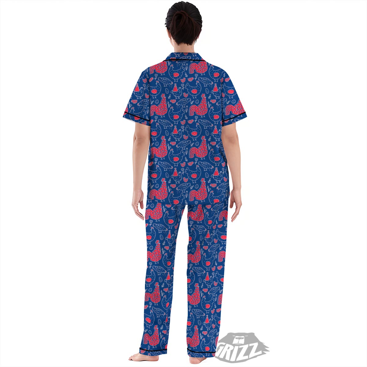 Red Rooster Blue Print Pattern Women's Pajamas Set-grizzshop