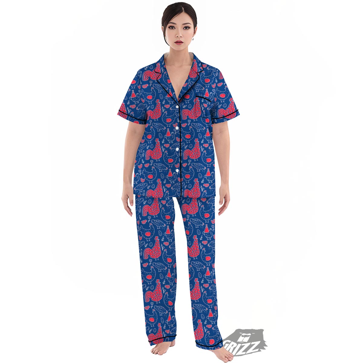 Red Rooster Blue Print Pattern Women's Pajamas Set-grizzshop
