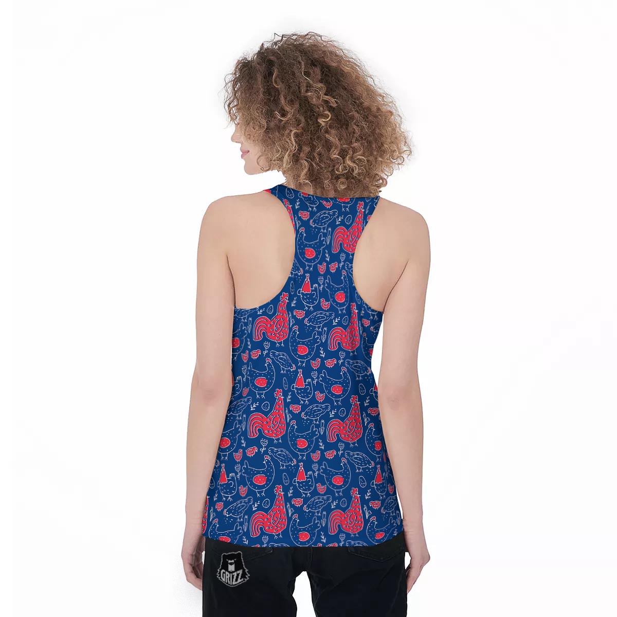 Red Rooster Blue Print Pattern Women's Racerback Tank Top-grizzshop