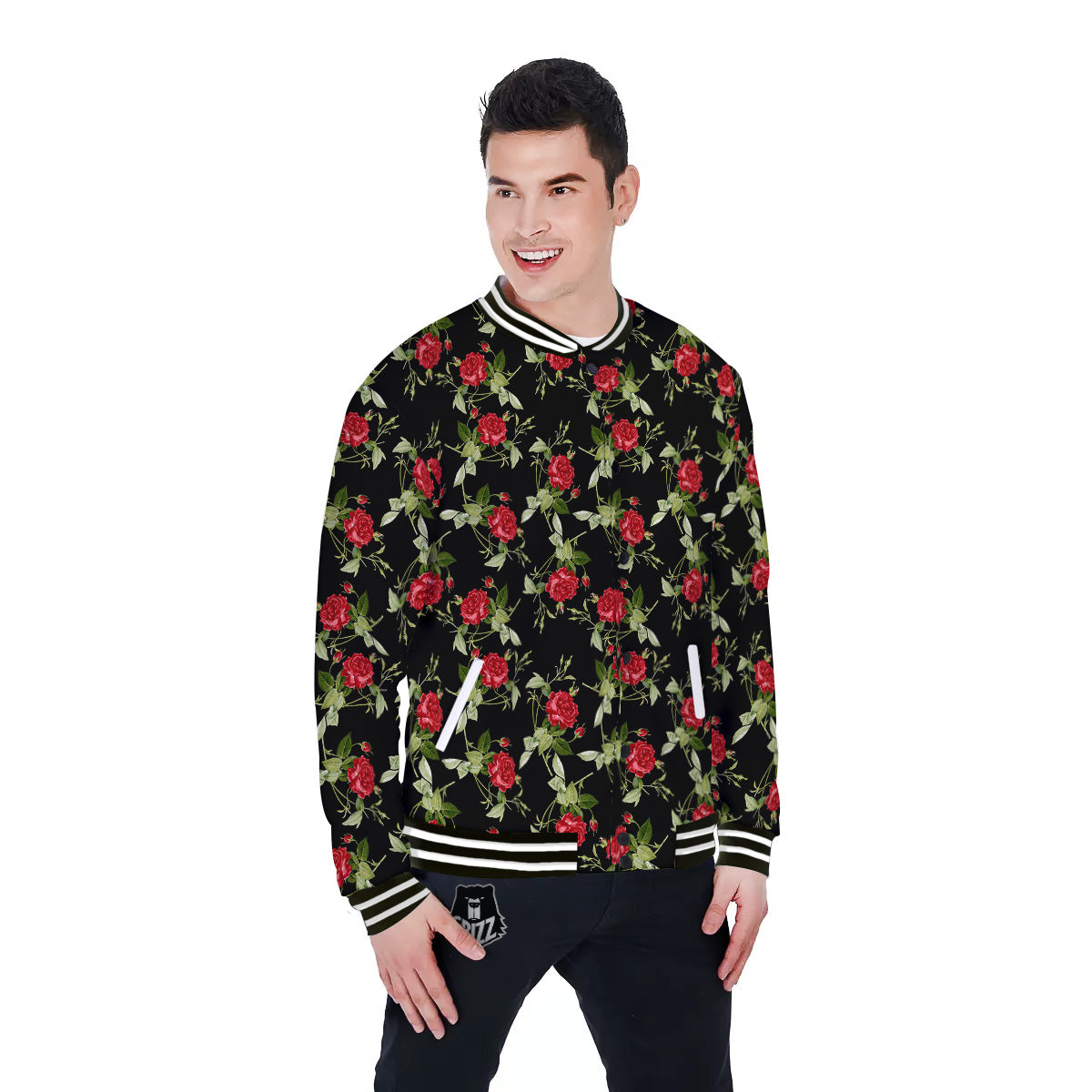 Red Rose Flowers Print Pattern Baseball Jacket-grizzshop