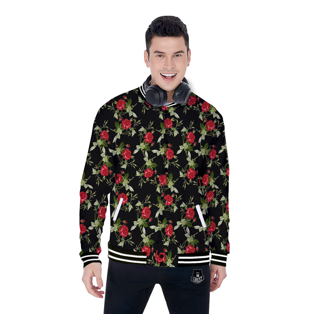 Red Rose Flowers Print Pattern Baseball Jacket-grizzshop