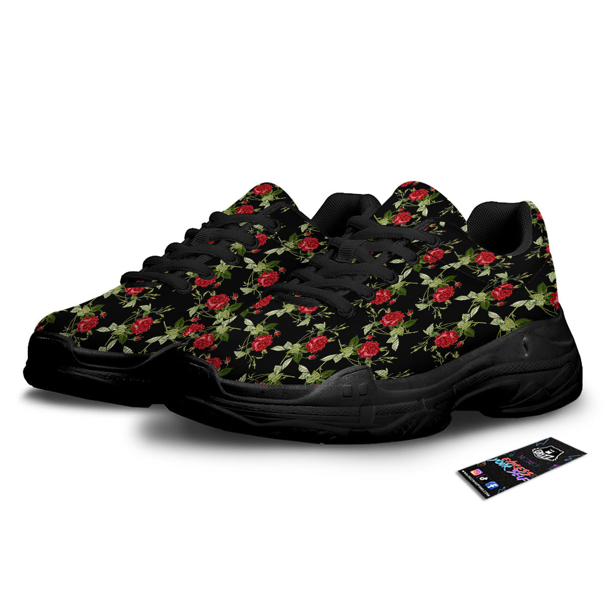 Red Rose Flowers Print Pattern Black Chunky Shoes-grizzshop