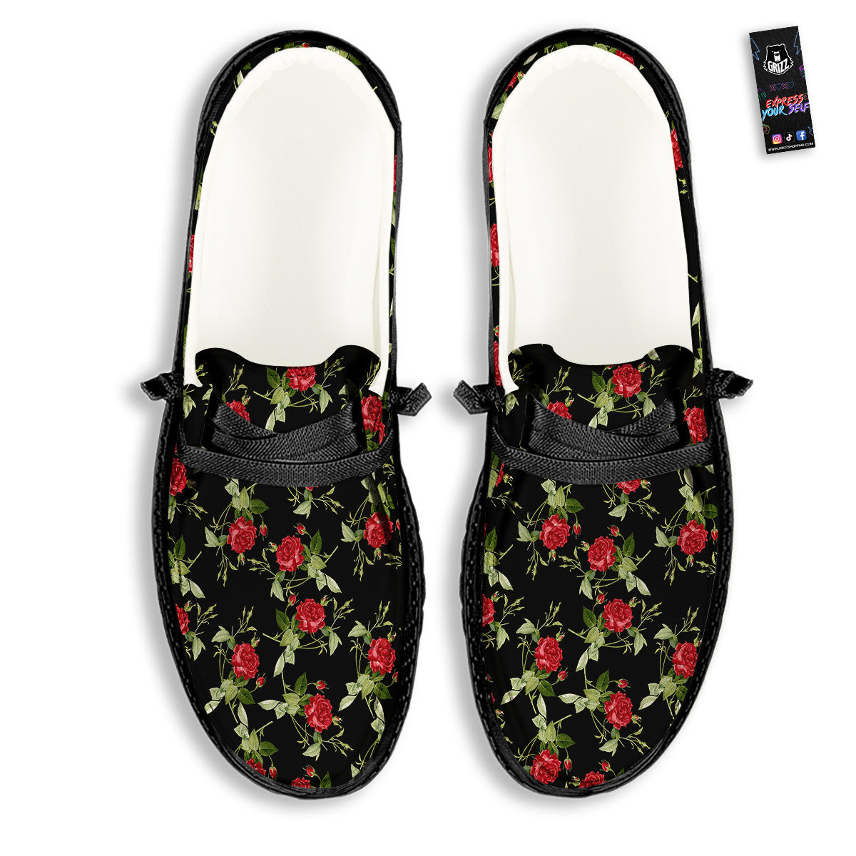 Red Rose Flowers Print Pattern Black Loafers-grizzshop