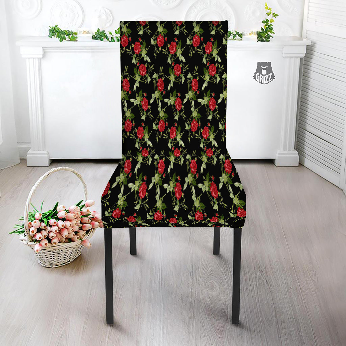 Red Rose Flowers Print Pattern Dining Chair Slipcover-grizzshop