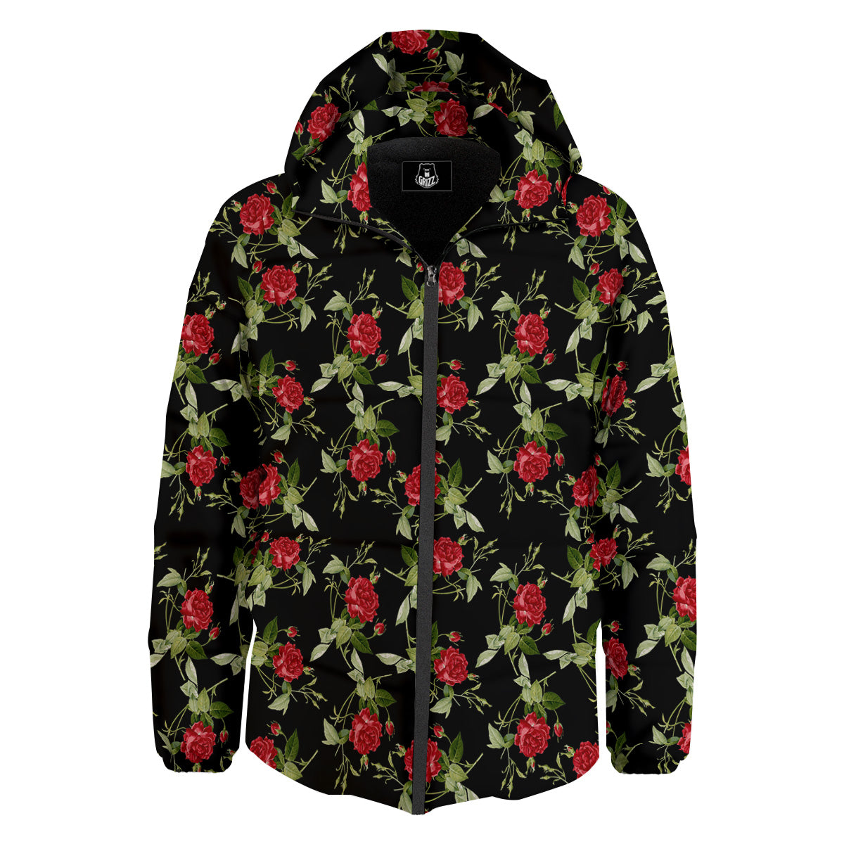 Red Rose Flowers Print Pattern Down Jacket-grizzshop