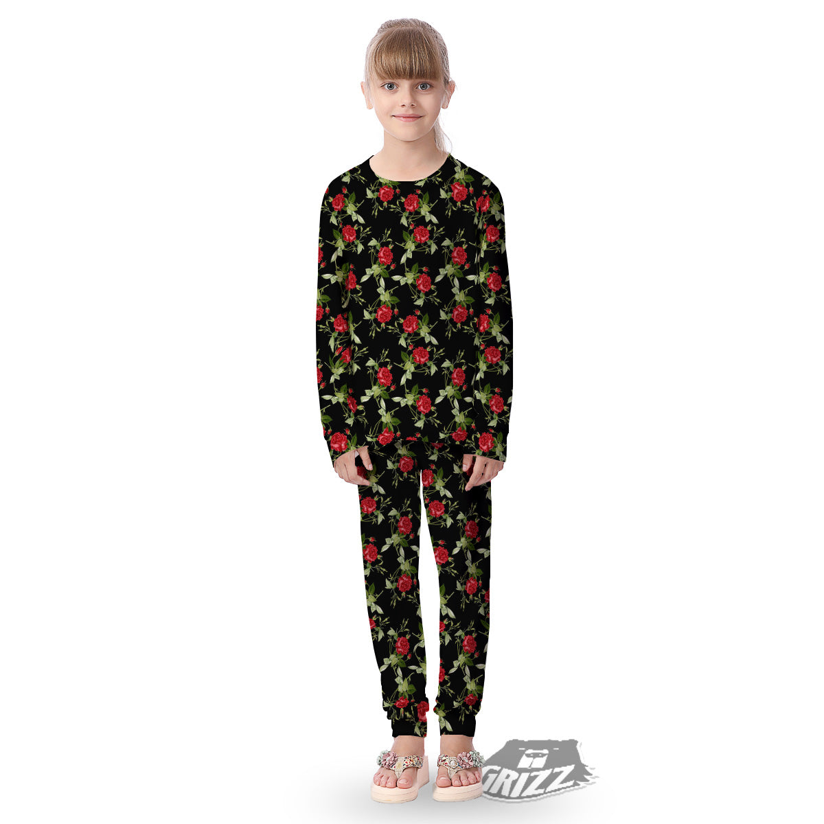 Red Rose Flowers Print Pattern Kid's Pajamas-grizzshop