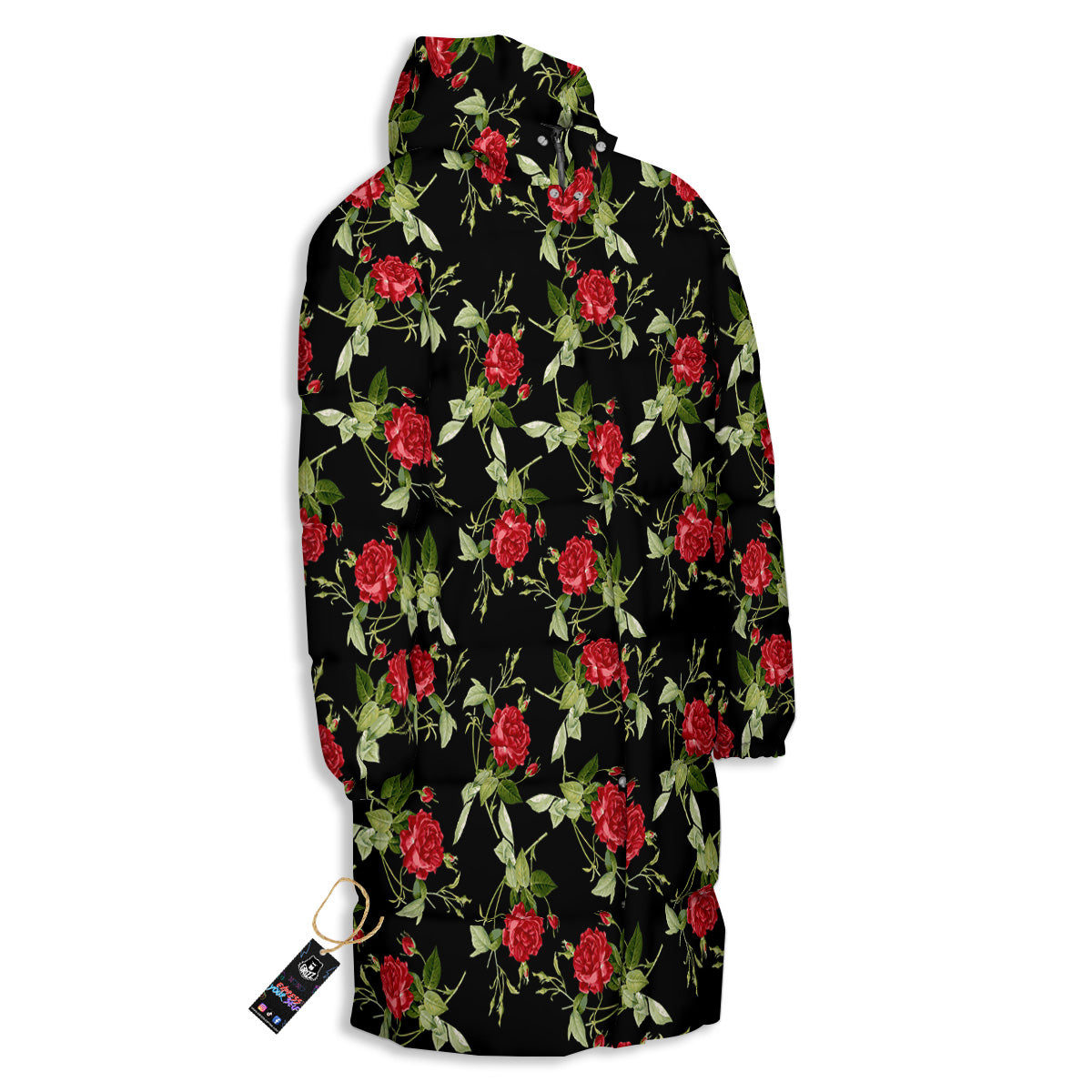Red Rose Flowers Print Pattern Long Down Jacket-grizzshop