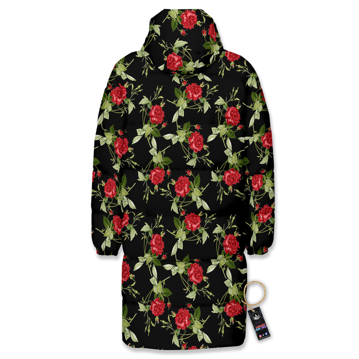 Red Rose Flowers Print Pattern Long Down Jacket-grizzshop