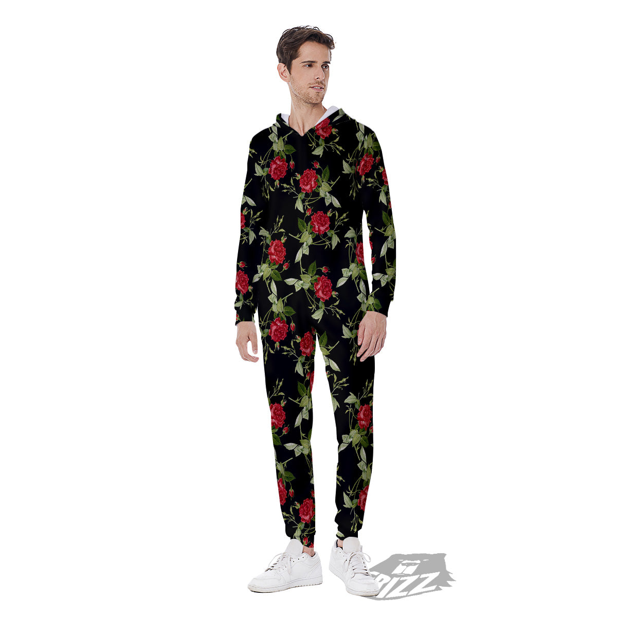 Red Rose Flowers Print Pattern Men's Jumpsuit-grizzshop