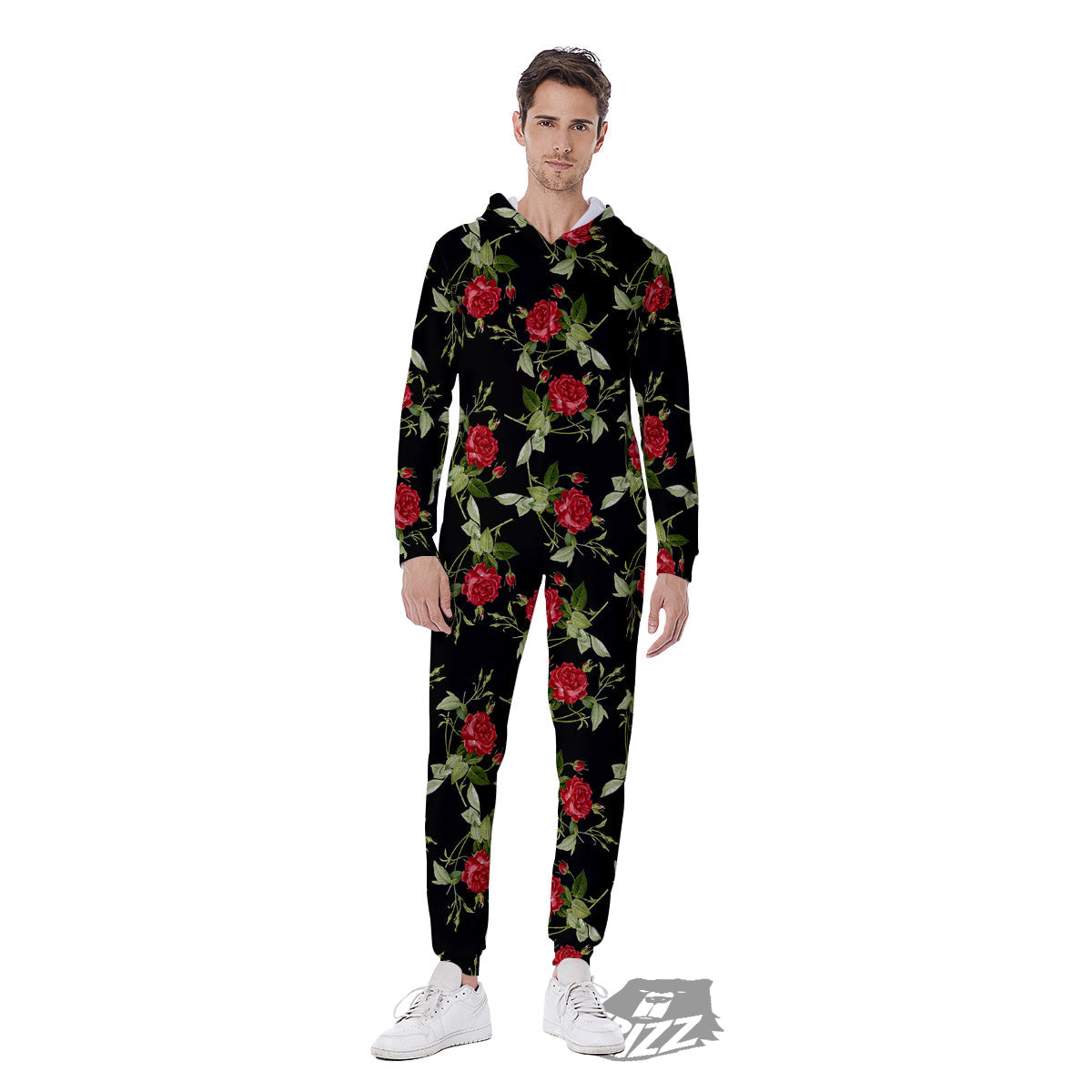 Red Rose Flowers Print Pattern Men's Jumpsuit-grizzshop