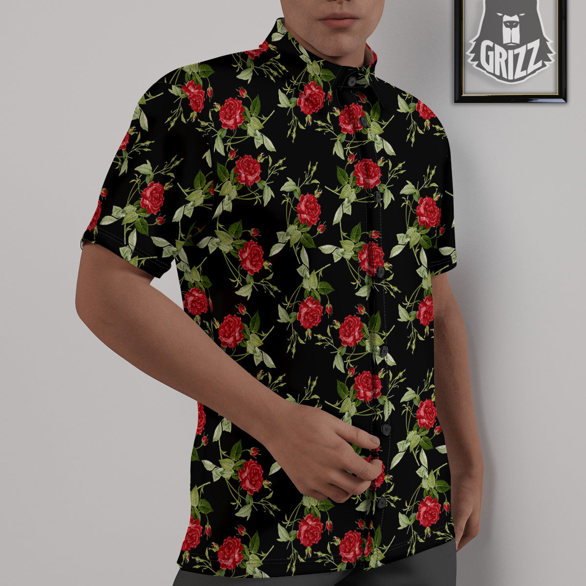 Red Rose Flowers Print Pattern Untucked Shirts-grizzshop