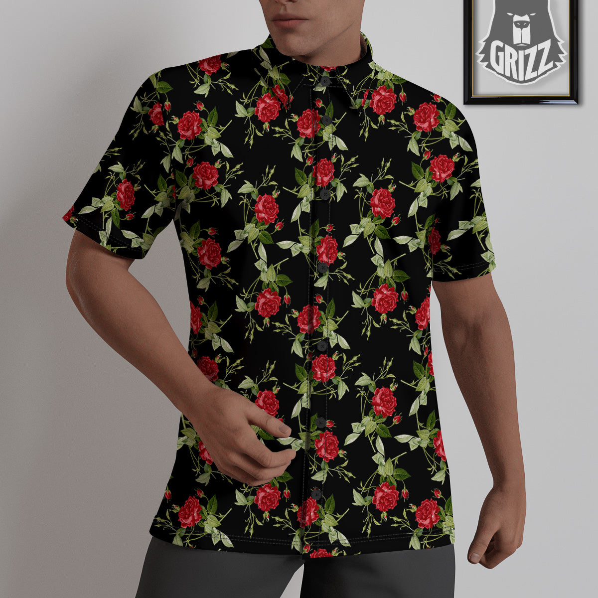 Red Rose Flowers Print Pattern Untucked Shirts-grizzshop