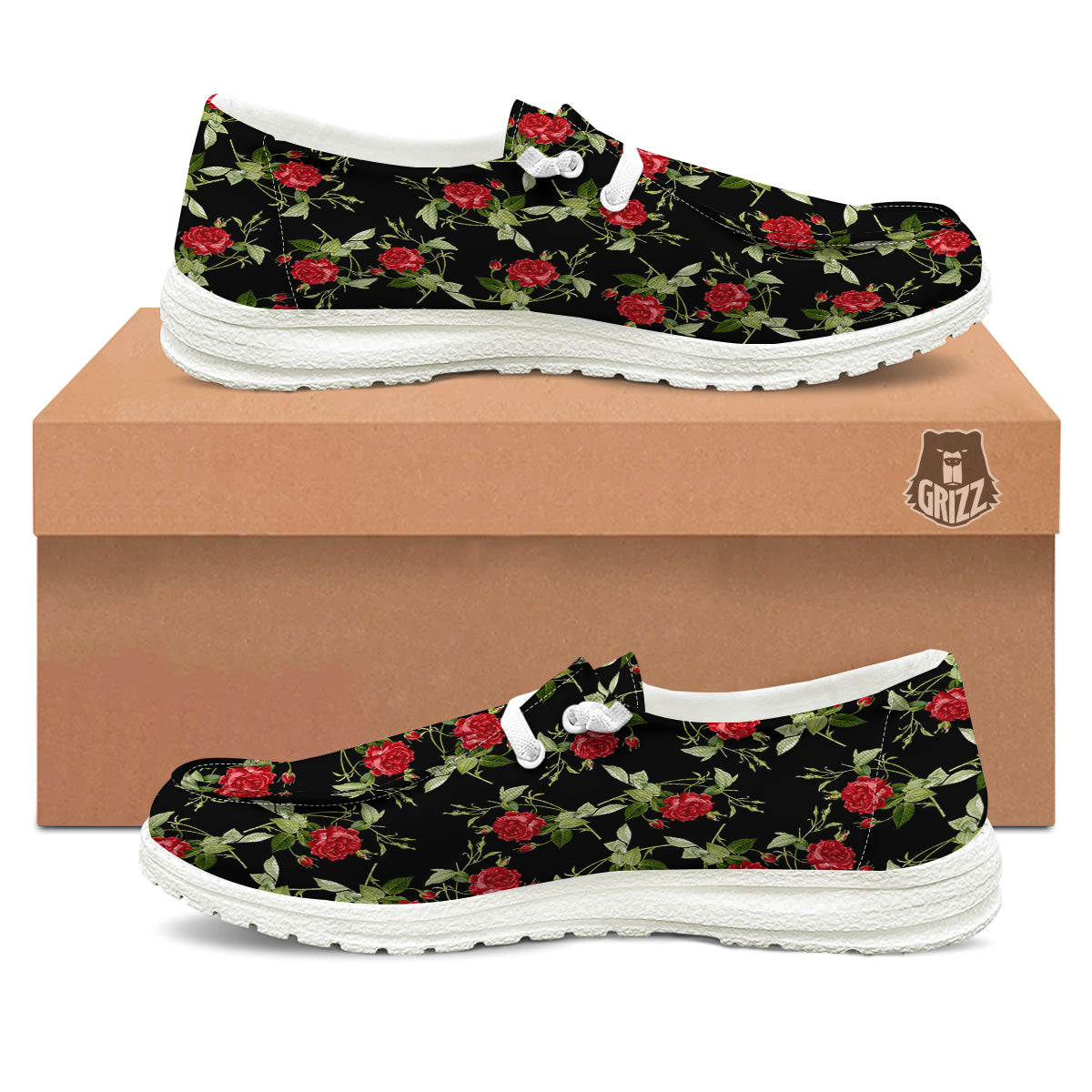 Red Rose Flowers Print Pattern White Loafers-grizzshop