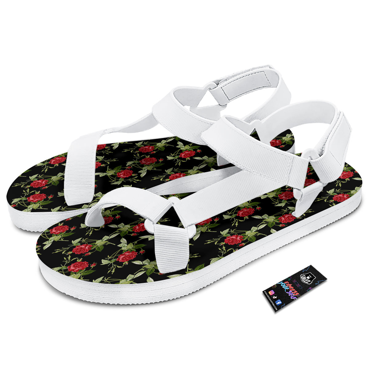 Red Rose Flowers Print Pattern White Open Toe Sandals-grizzshop
