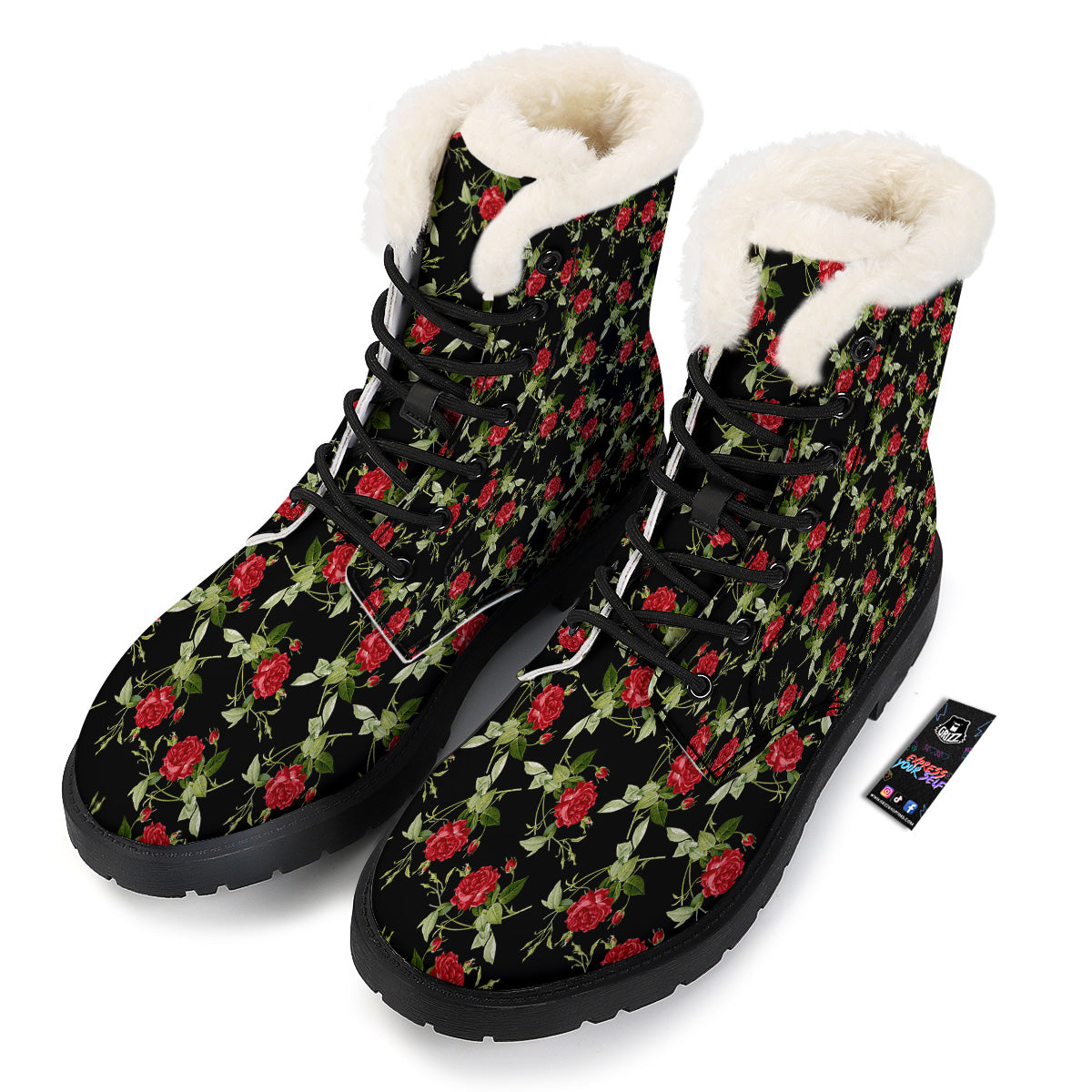 Red Rose Flowers Print Pattern Winter Boots-grizzshop