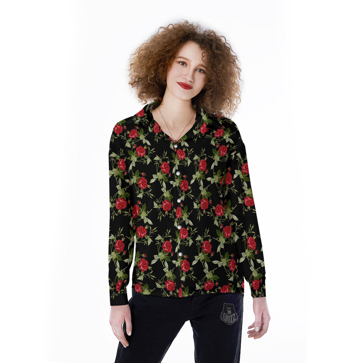 Red Rose Flowers Print Pattern Women's Long Sleeve Shirts-grizzshop