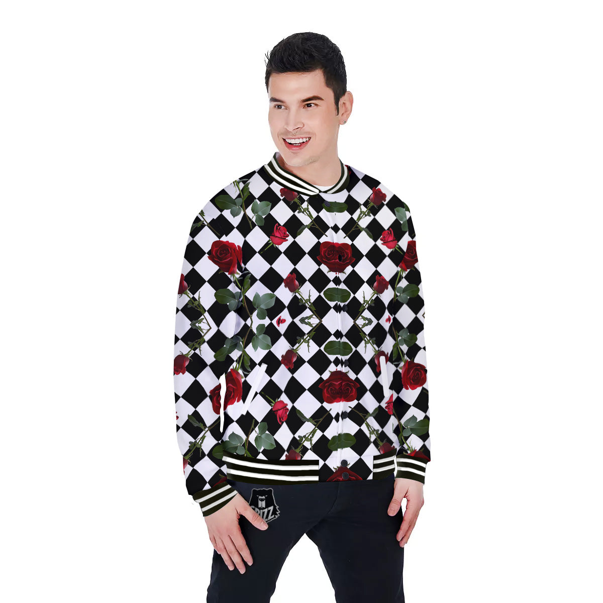 Red Roses And Argyle Print Pattern Baseball Jacket-grizzshop