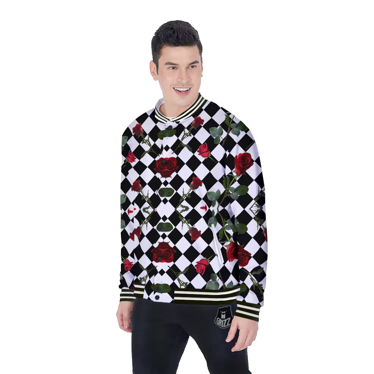 Red Roses And Argyle Print Pattern Baseball Jacket-grizzshop