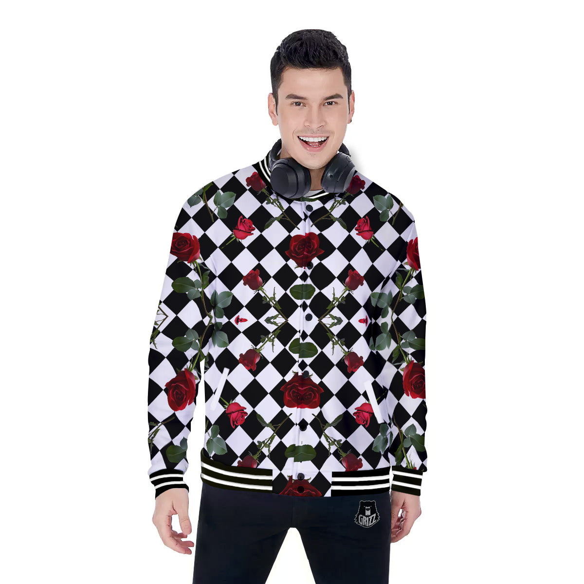 Red Roses And Argyle Print Pattern Baseball Jacket-grizzshop