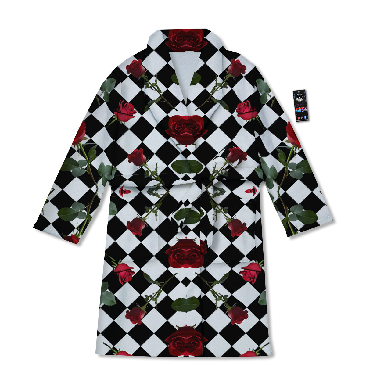 Red Roses And Argyle Print Pattern Bathrobe-grizzshop