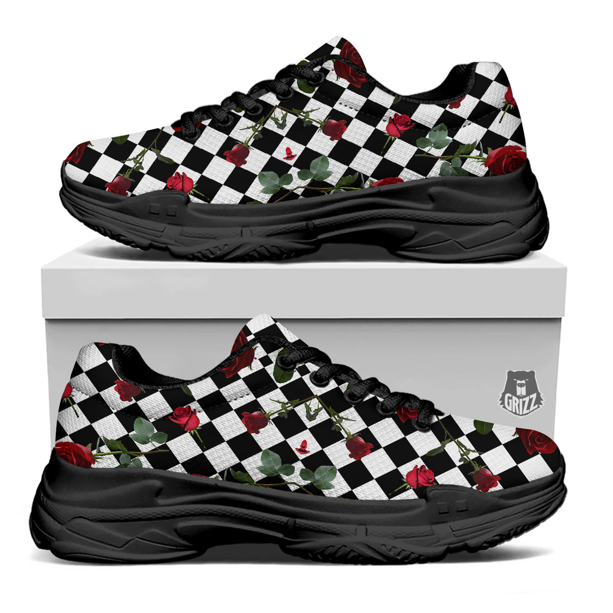 Red Roses And Argyle Print Pattern Black Chunky Shoes-grizzshop