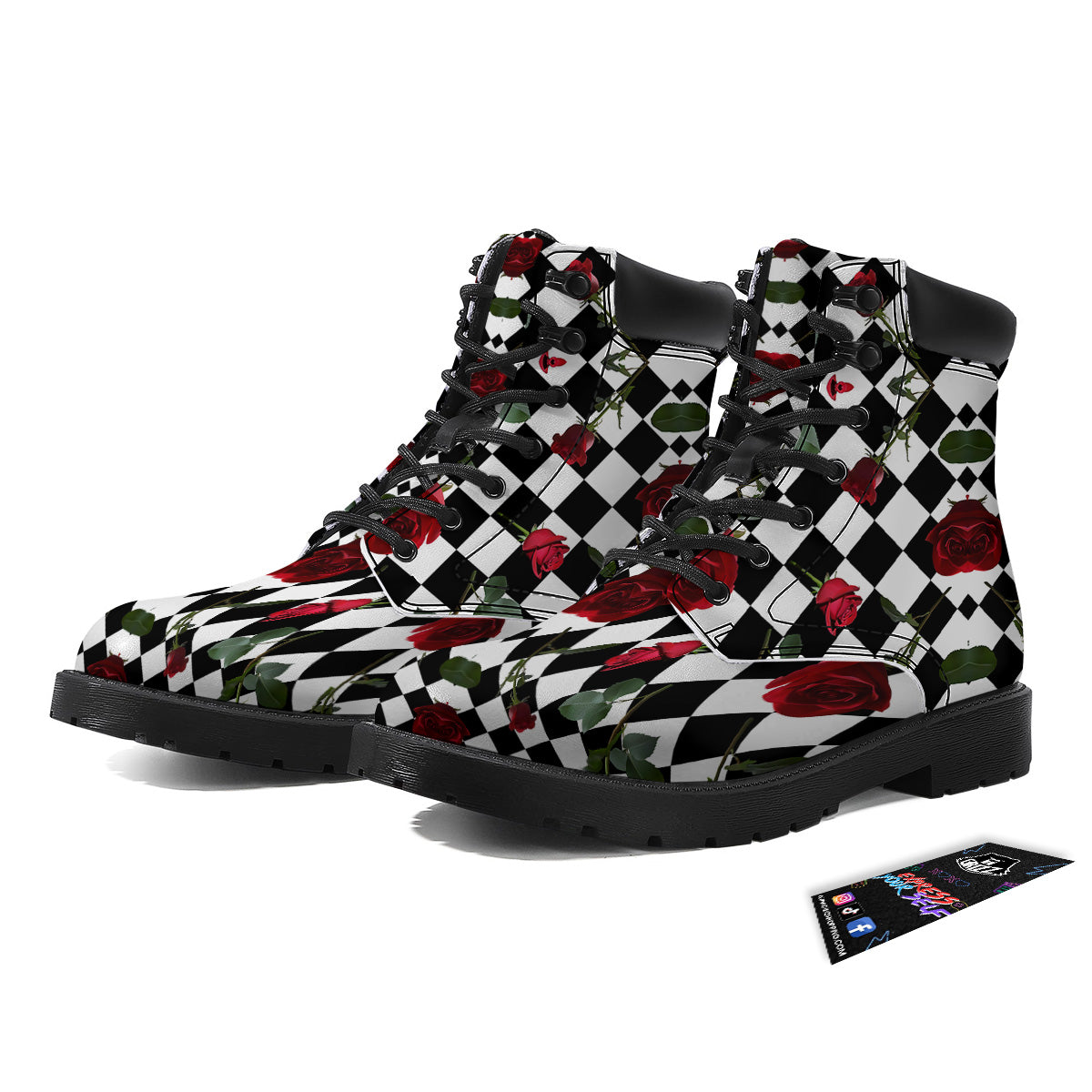 Red Roses And Argyle Print Pattern Boots-grizzshop