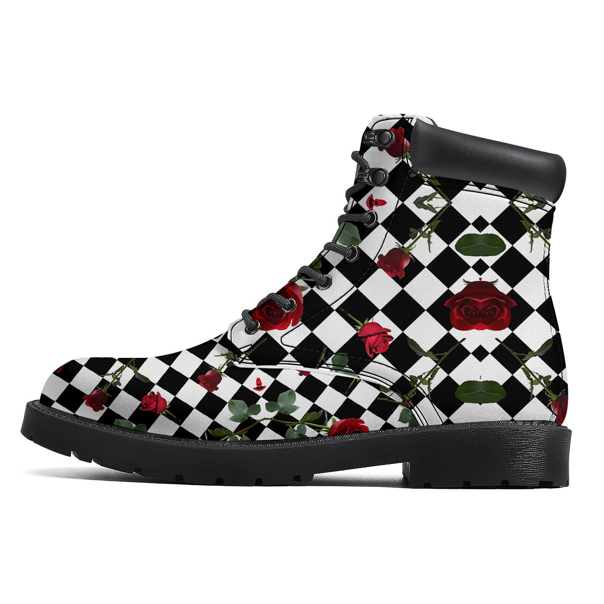 Red Roses And Argyle Print Pattern Boots-grizzshop