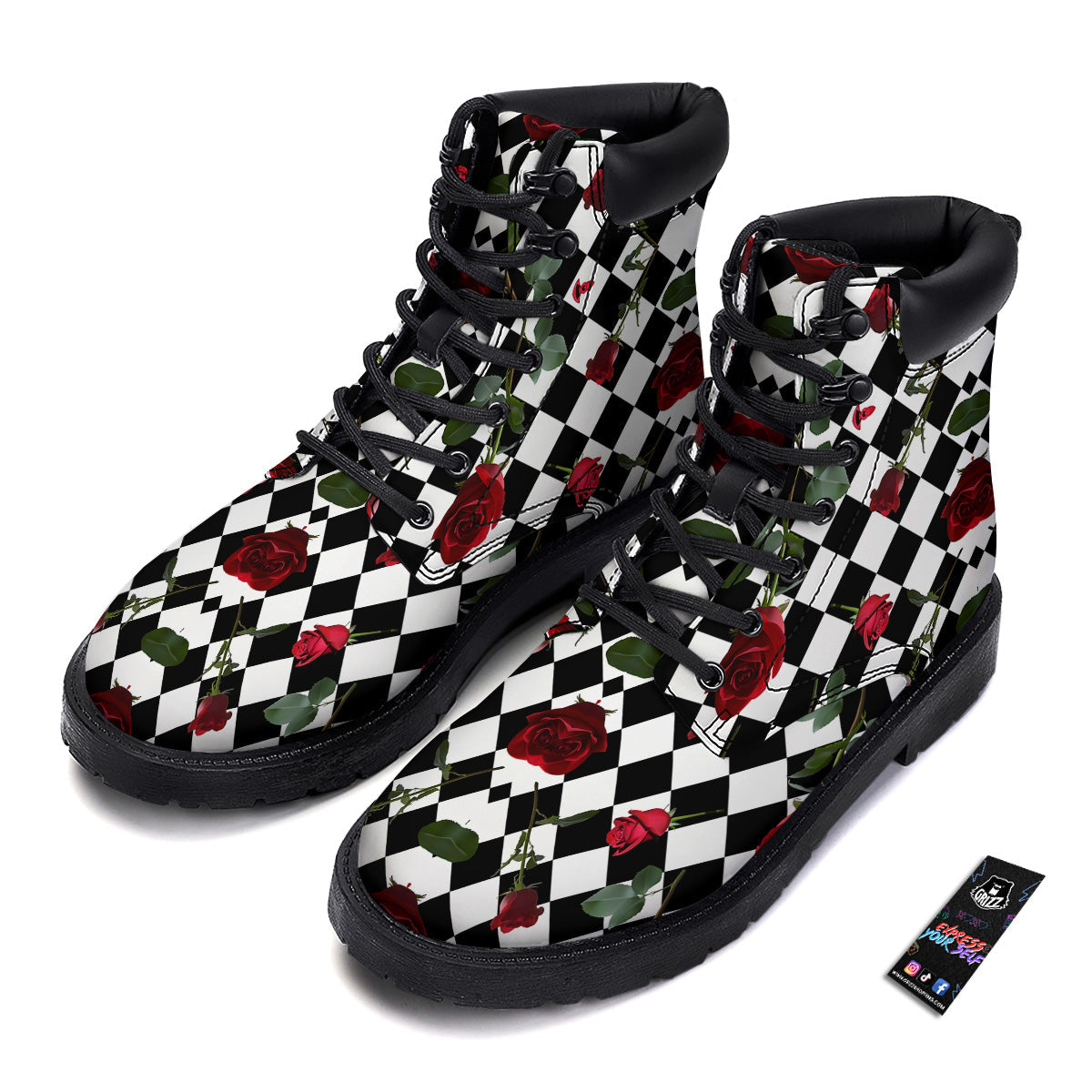 Red Roses And Argyle Print Pattern Boots-grizzshop