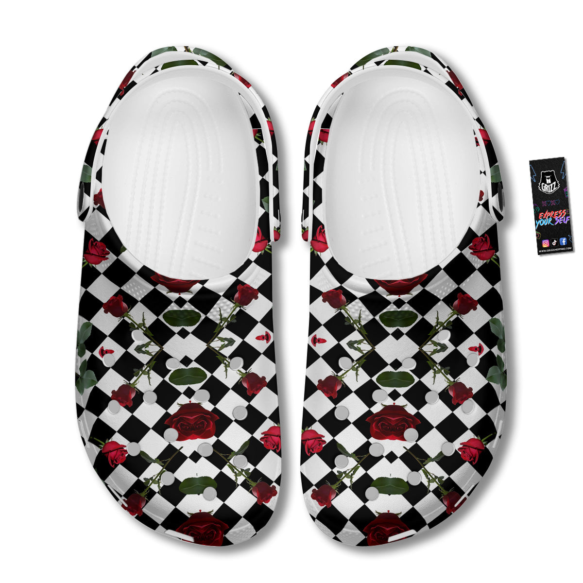 Red Roses And Argyle Print Pattern Clog-grizzshop