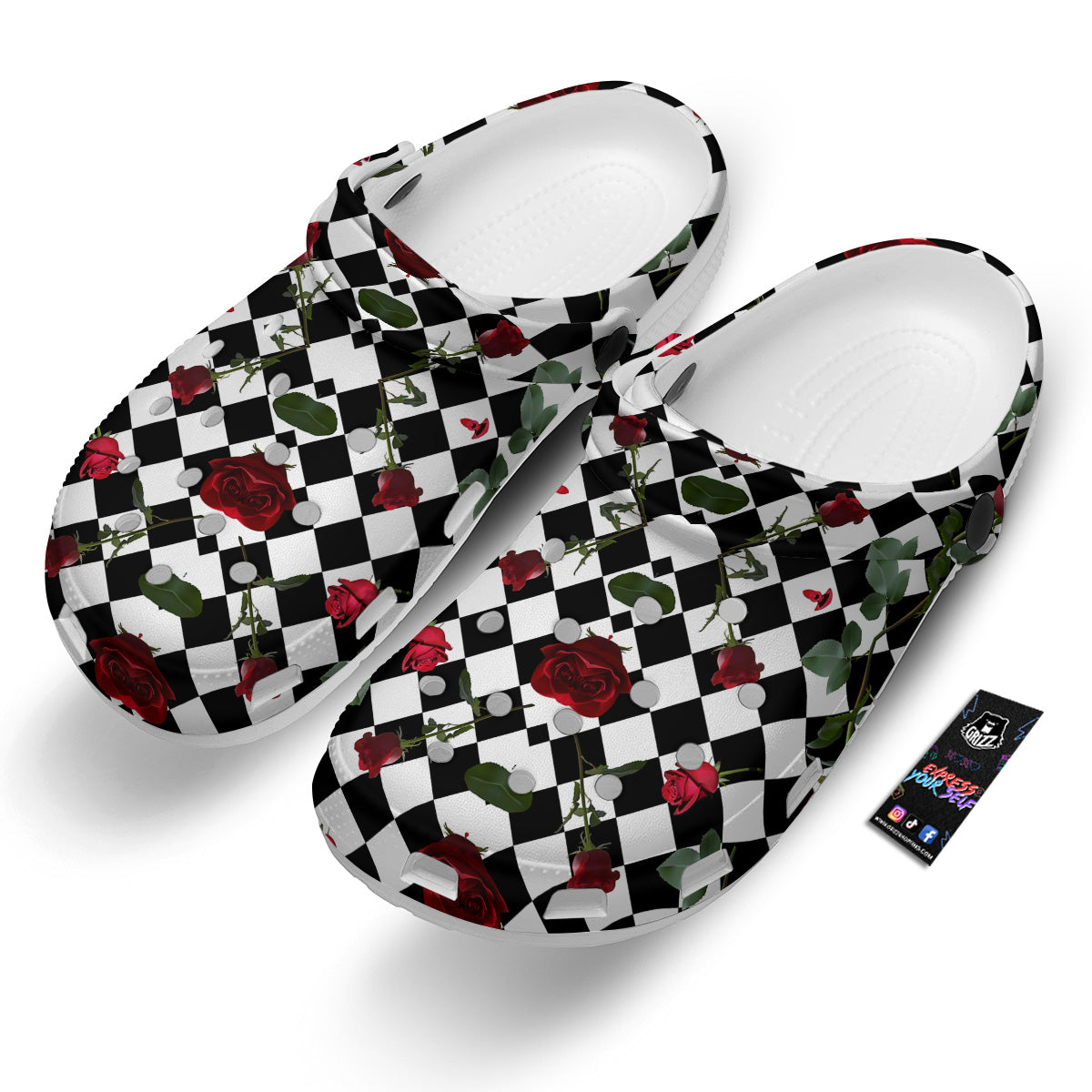 Red Roses And Argyle Print Pattern Clog-grizzshop