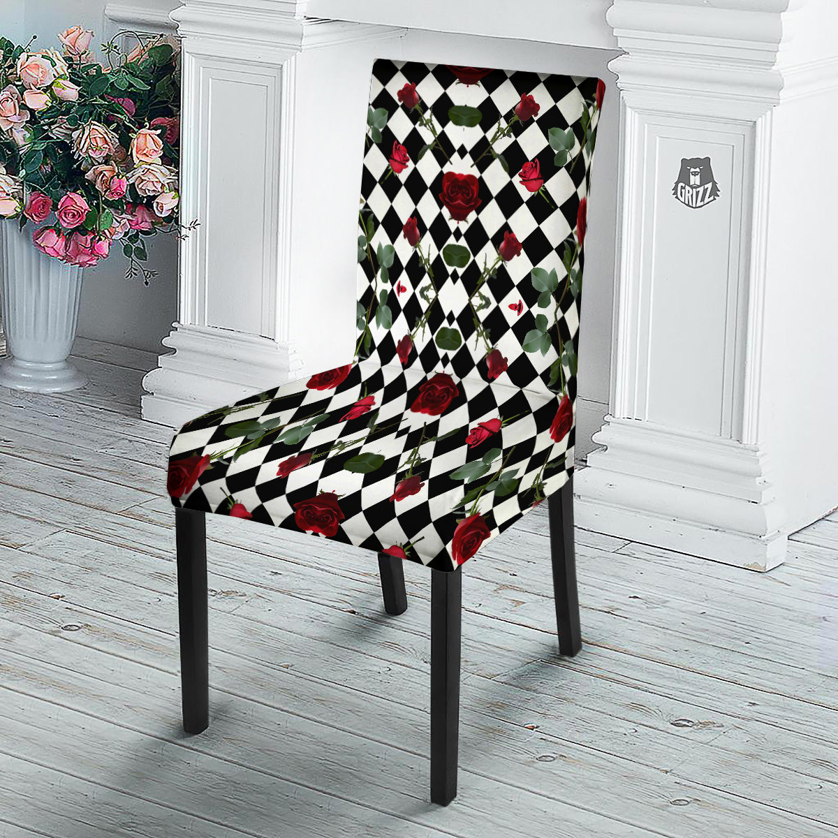 Red Roses And Argyle Print Pattern Dining Chair Slipcover-grizzshop