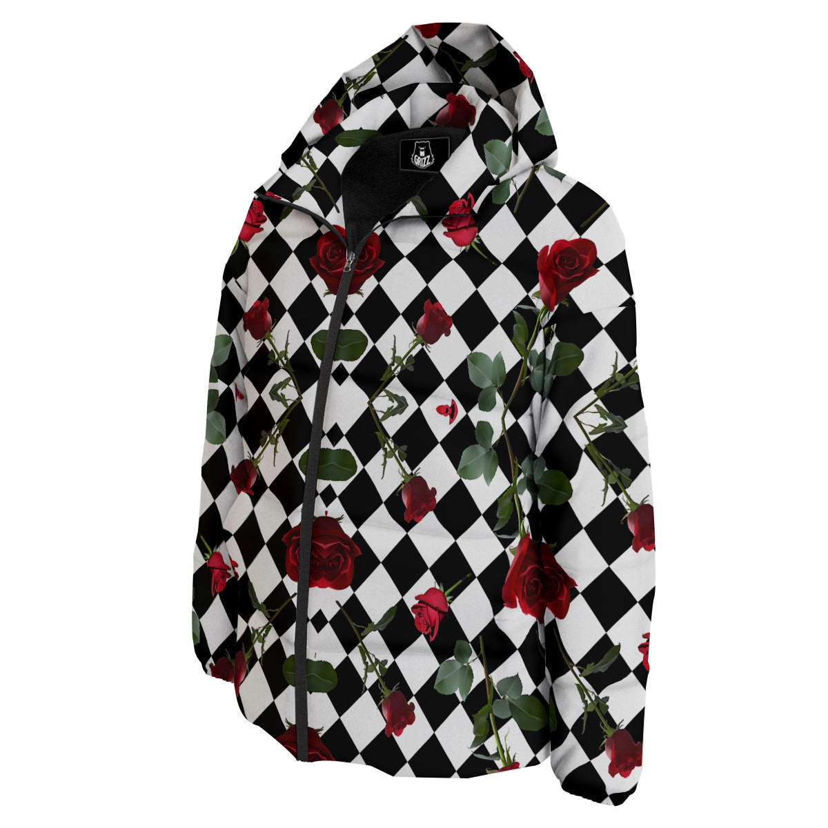 Red Roses And Argyle Print Pattern Down Jacket-grizzshop