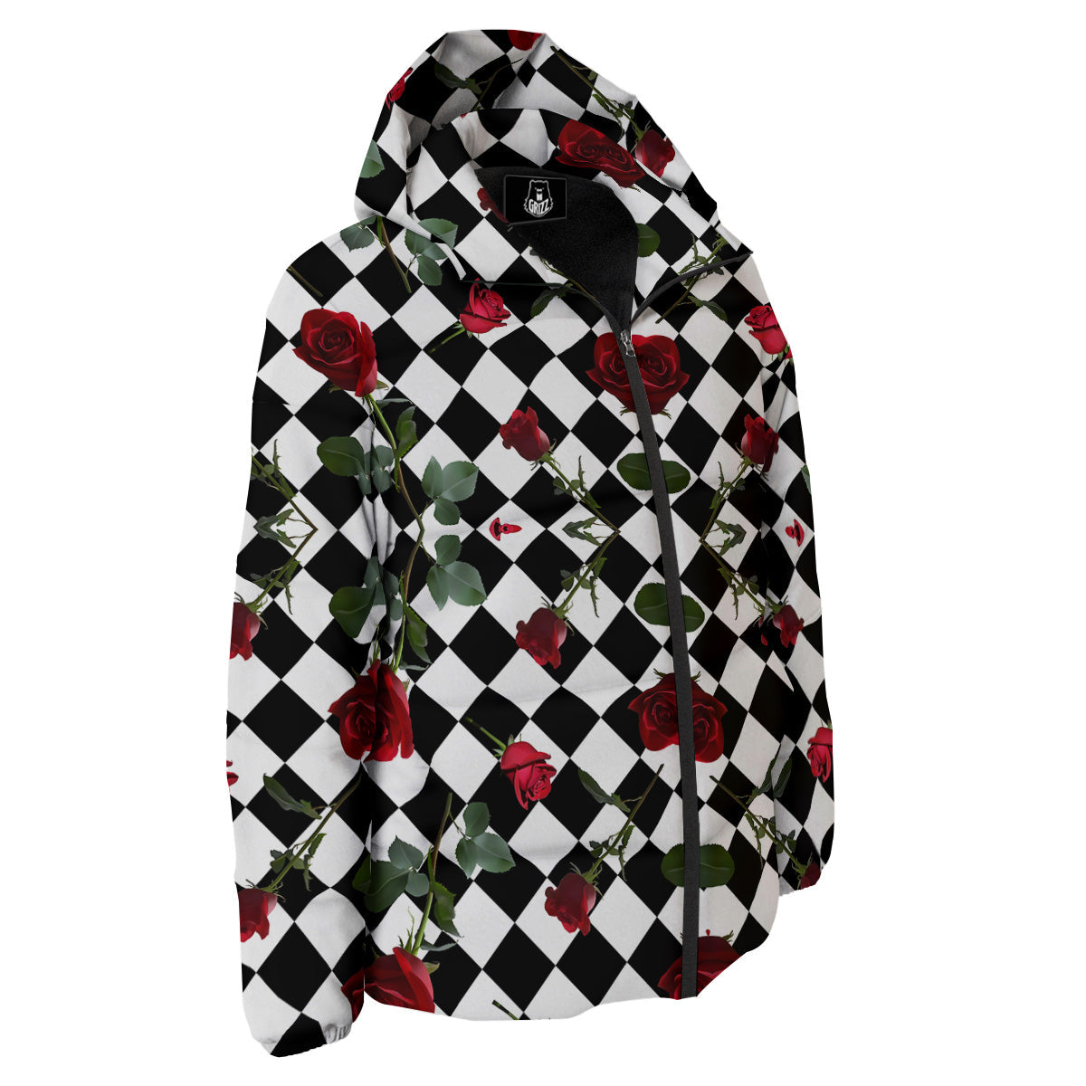 Red Roses And Argyle Print Pattern Down Jacket-grizzshop