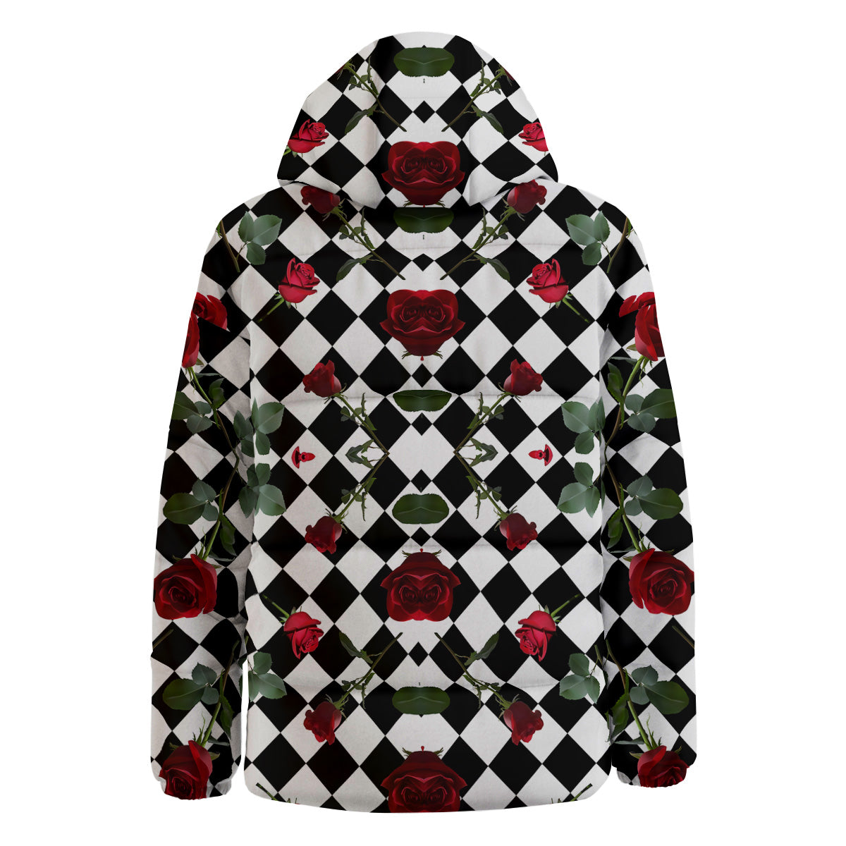 Red Roses And Argyle Print Pattern Down Jacket-grizzshop