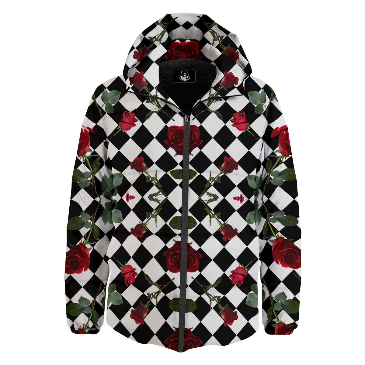 Red Roses And Argyle Print Pattern Down Jacket-grizzshop