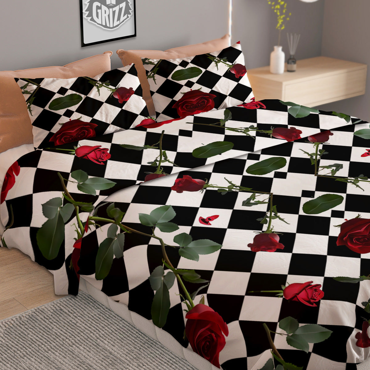 Red Roses And Argyle Print Pattern Duvet Cover Bedding Set