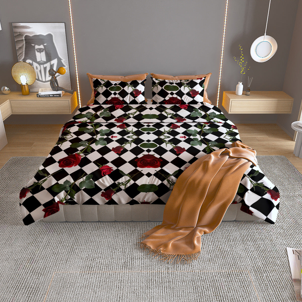 Red Roses And Argyle Print Pattern Duvet Cover Bedding Set