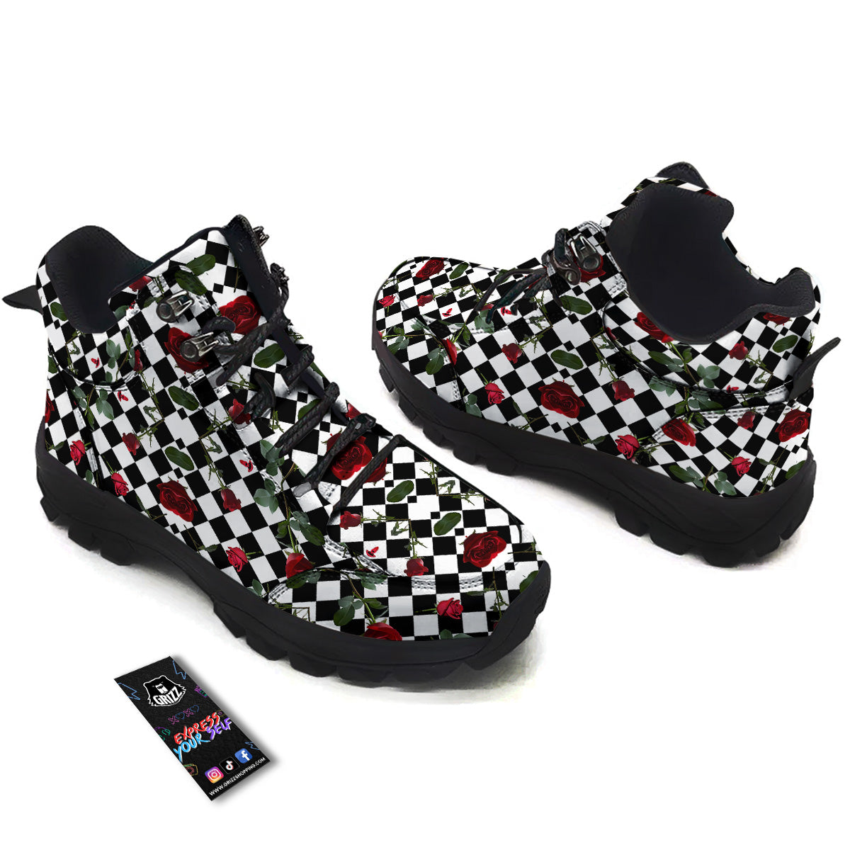 Red Roses And Argyle Print Pattern Hiking Shoes-grizzshop