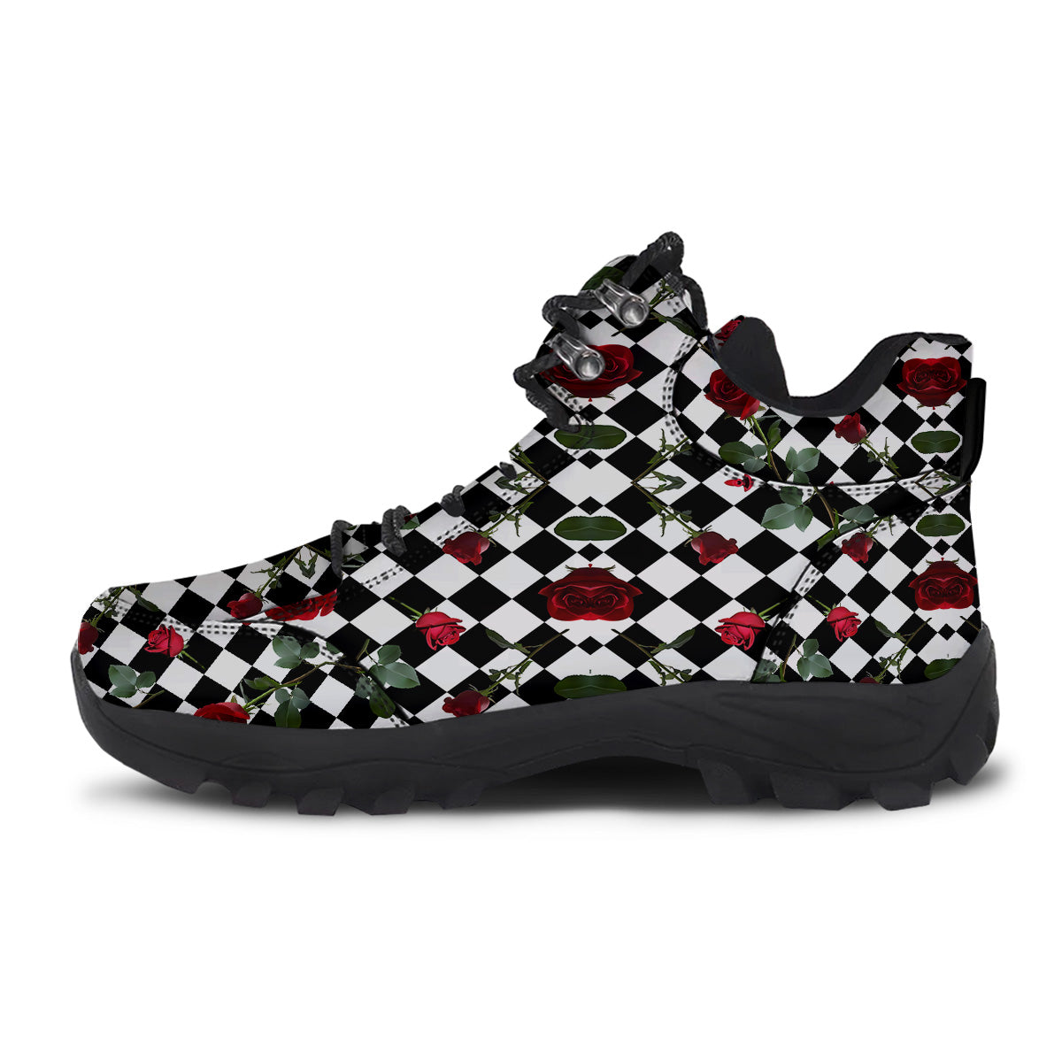 Red Roses And Argyle Print Pattern Hiking Shoes-grizzshop